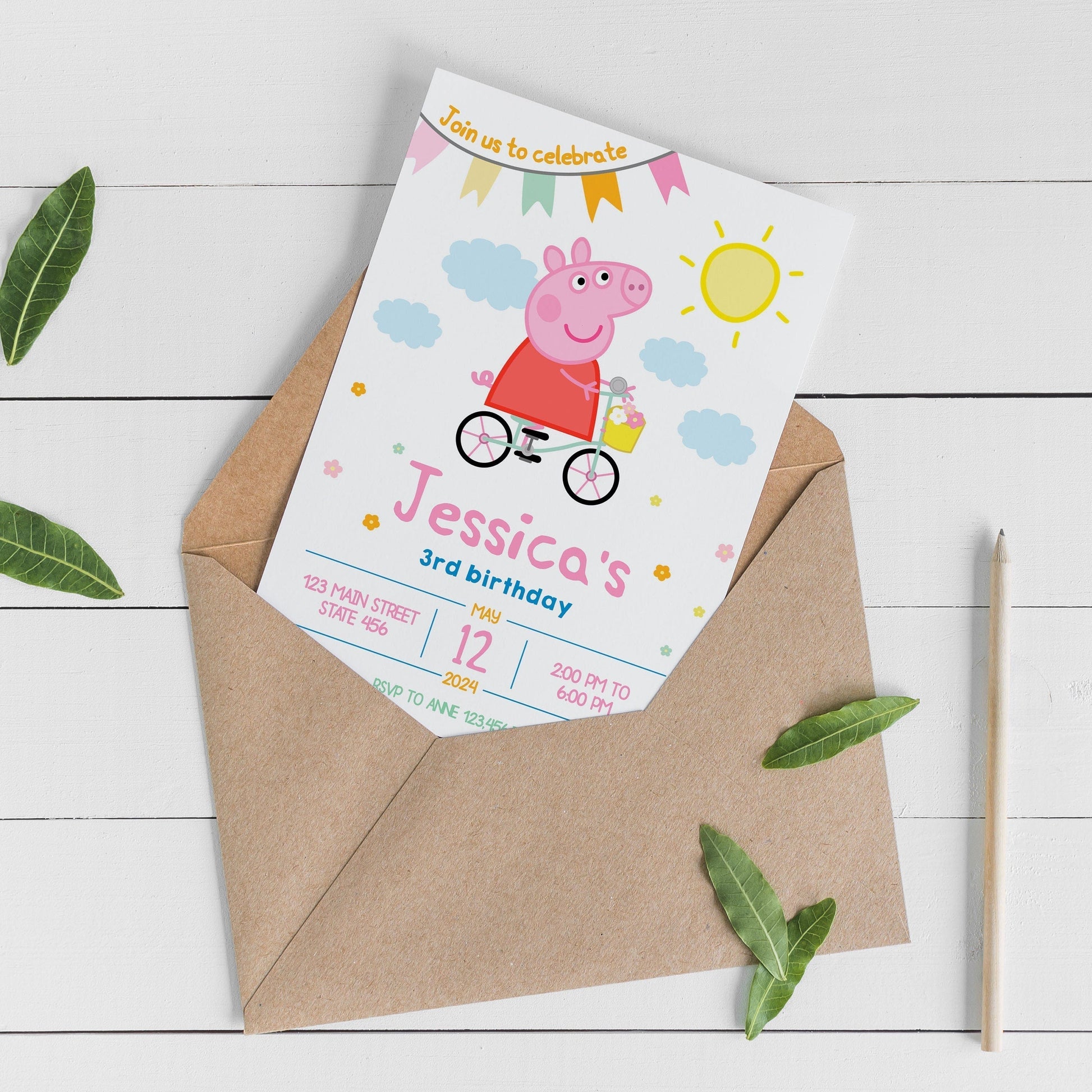 Peppa Pig in Bicycle Digital Invitation ★ Instant Download | Editable Text - Digitally Printables